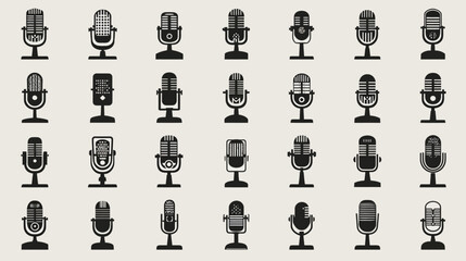 Collection of diverse microphone icons for audio recording, podcasting, broadcasting, voice communication, and sound production. Flat design set.