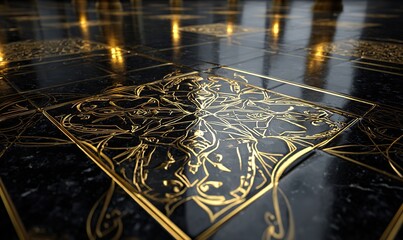 Luxurious black marble floor with golden ornate design