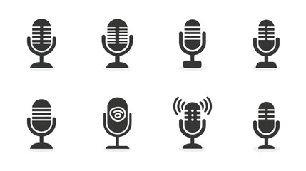 Set of diverse microphone icons, including retro and modern styles. Vector symbols for audio recording, podcasting, broadcasting, and voice control.