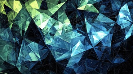 Abstract polygonal design with dark teal and teal-green hues.
