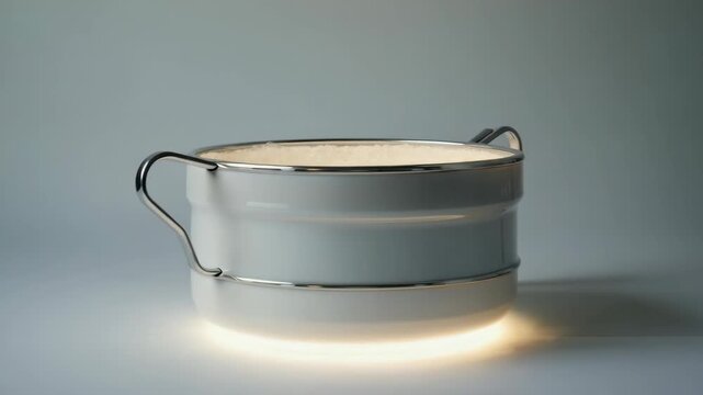 A white pot with a silver handle sits on a white surface. The pot is empty