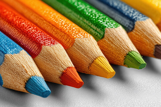 Close-up of colorful wooden pencils arranged on light gray surface - Powered by Adobe