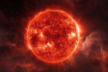 Fiery sun with intense solar flares and prominences in outer space