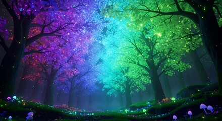 Magical enchanted forest with rainbow trees and glowing mushrooms fantasy artwork