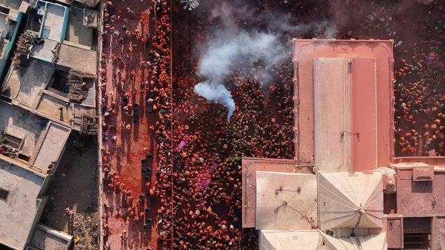4K Drone Aerial View of Braj Holi in Nandgaon, Mathura | Traditional Krishna Holi Celebration with Colors and Devotees in Uttar Pradesh, India