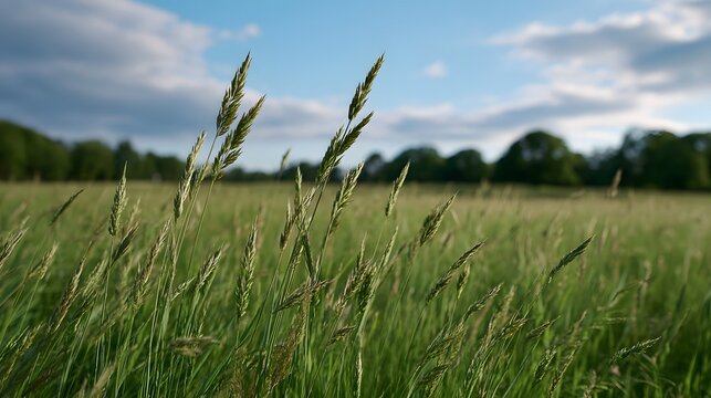 Lush green grass field with tall stalks swaying under a soft cloudy blue sky at dusk