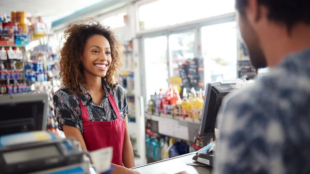 Smiling African American Cashier Interacting with Customer in Convenience Store