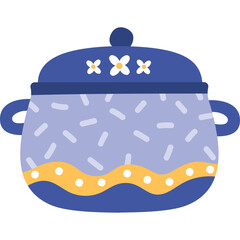 A Blue Ceramic Cooking Pot With A Decorative Pattern Featuring White Dashes And Flowers On A Transparent Background