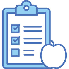 A blue clipboard with a checklist and a blue apple icon on a transparent background representing health or diet goals