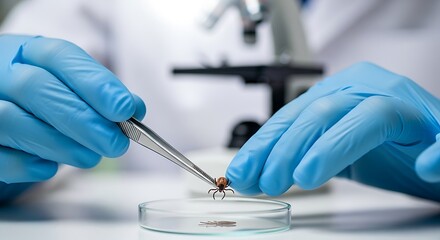 Fototapeta premium Scientist examines tick specimen with tweezers insect