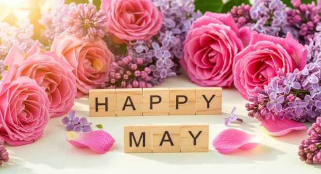 Happy may text with pink roses and lilac flowers