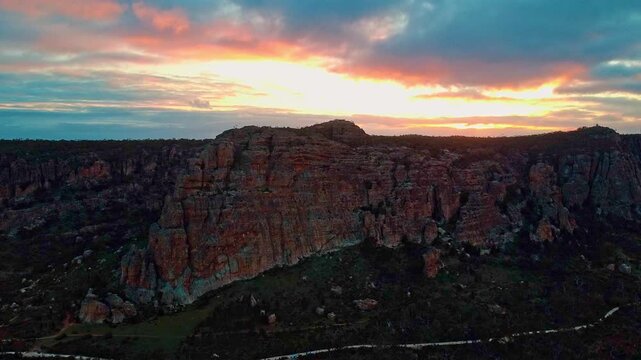 Rising Aerial Footage of Sunset Behind Mt Arapiles