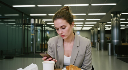 A serious woman in a beige blazer looks at her phone while having a coffee and croissant in a modern airport or office lobby.
