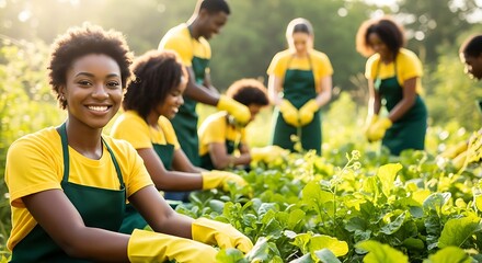 Diverse gardeners tending green plants outdoors gardening