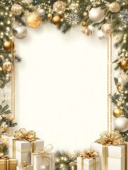 Elegant Christmas Frame with Gold Ornaments and Gift Boxes for Holiday Greetings