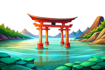 Obraz premium Tranquil Japanese coastline with red torii gate standing in shallow water, misty mountains and gentle waves