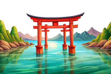 Tranquil Japanese coastline with red torii gate standing in shallow water, misty mountains and gentle waves