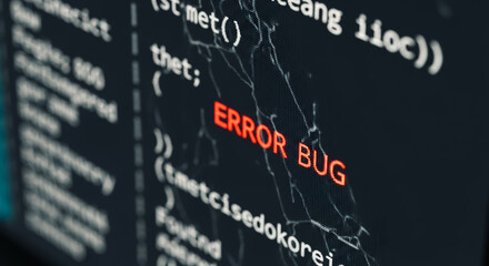 Close-up of a computer screen displaying an ERROR BUG message amid lines of code, symbolizing digital problems.