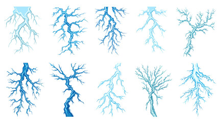 Collection of diverse blue lightning bolt vectors and electric thunder strikes, digital energy discharge, storm flash design elements.