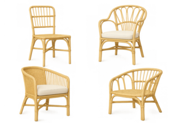 Rattan wicker chairs furniture set offering bohemian and modern natural style with soft cushions, transparent background