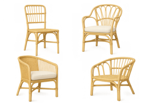 Rattan wicker chairs furniture set offering bohemian and modern natural style with soft cushions, transparent background