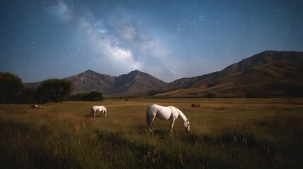 Serene white horses graze in a grassy meadow under the breathtaking Milky Way galaxy on a clear starry night