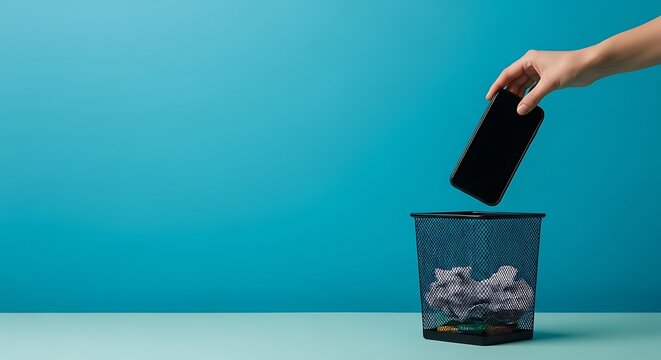 Hand discarding black smartphone into bin image