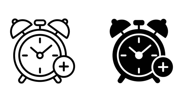 Adding a new alarm clock symbol with a plus sign, presented in both outline and solid black vector styles for scheduling and time management applications