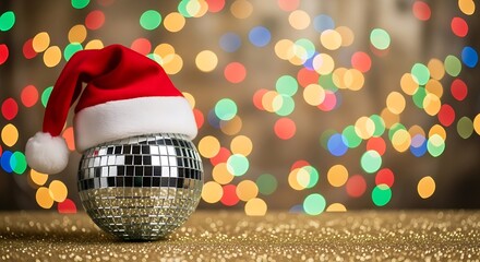 Festive disco ball wearing a soft Santa hat, reflecting bright holiday lights and sparkling with silver glitter on a table