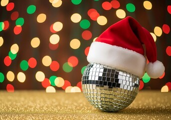 Festive disco ball wearing a soft Santa hat, reflecting bright holiday lights and sparkling with silver glitter on a table