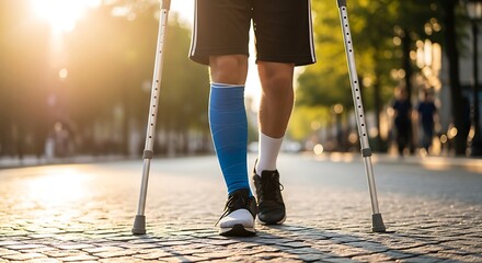 Person walking with crutches and blue compression sleeve