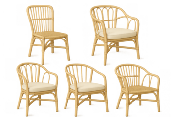Rattan wicker chairs in various styles, some with cream cushions, offering natural furniture solutions for modern and bohemian interiors
