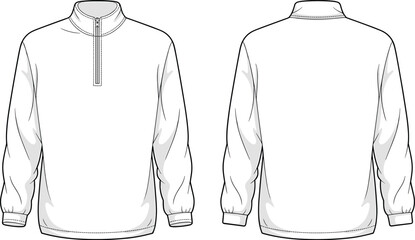 Minimalist quarter-zip pullover template, front and back technical drawing, clean line art mockup, apparel design outline for fashion designers, garment illustration