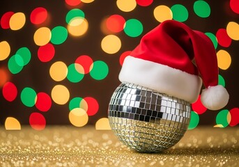 Festive disco ball wearing a soft Santa hat, reflecting bright holiday lights and sparkling with silver glitter on a table