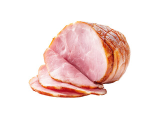 Sliced smoked pork ham with golden brown rind meat food, Isolated, Png Transparent Background