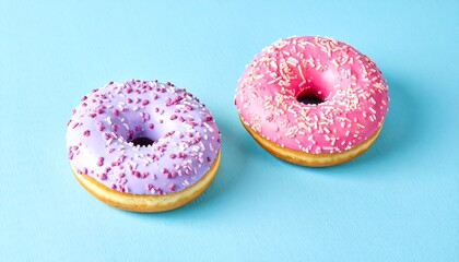 Delicious donuts with colorful frosting and sprinkles on a blue background.