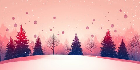 Pink Christmas background with snowflakes falling on trees in a vector illustration flat design with pink gradient background for holiday theme