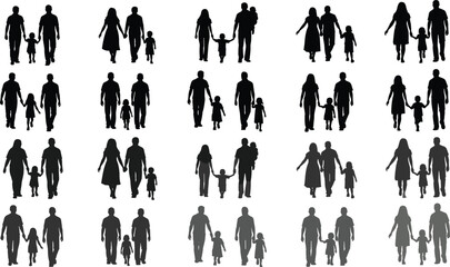 Families walking together silhouettes collection, parents holding hands with children, happy couples and kids, generational bonding vector set.