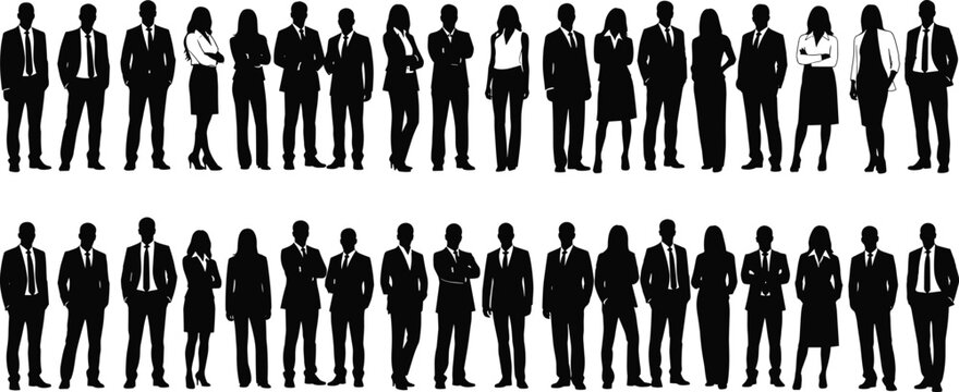 Business people silhouettes collection, men and women standing in suits and formal wear, corporate staff and professional teamwork vector set.