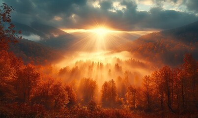Fototapeta premium Golden Autumn Sunrise Illuminating a Misty Forest Valley with Mountain Backdrop