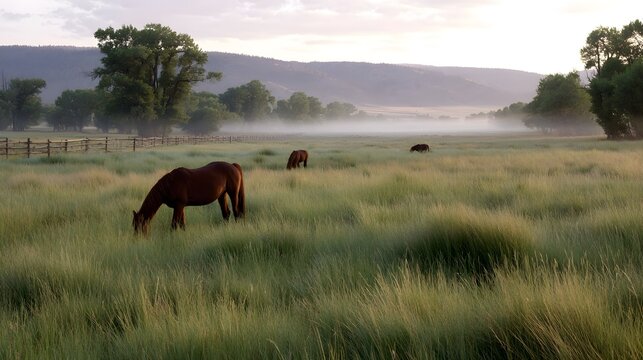 Horses grazing peacefully in a misty meadow at sunrise