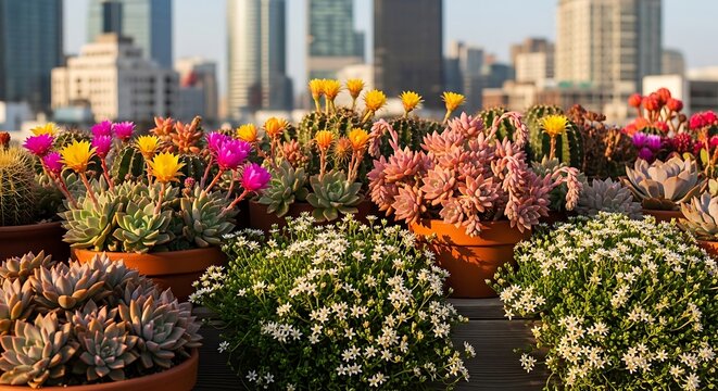 Rooftop garden with succulents and blooming cacti against cityscape background