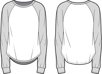 Raglan sleeve long sleeve shirt template, front and back view, apparel design mockup for fashion illustration, clothing vector outline, unisex top
