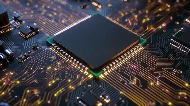 Close-up of a circuit board with a central processing unit.