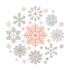 Elegant circular arrangement of gray and peach colored snowflakes, creating a beautiful and light decorative motif for the winter season