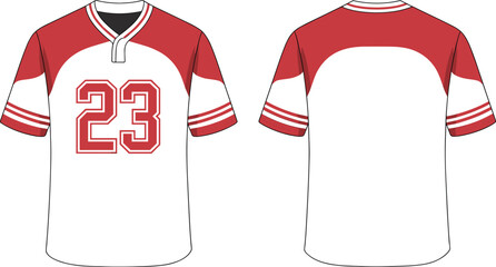 Red and white sports jersey front and back view, athletic shirt design template with number print, apparel mockup for uniform branding