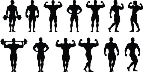 Bodybuilder and fitness man silhouettes collection, showing muscular poses and lifting weights, strength, power, and gym workout vector set.