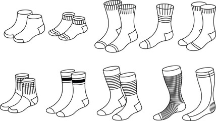 Sock design template collection, various outline styles of ankle, crew, and long socks for apparel illustration, clothing mockup, vector set