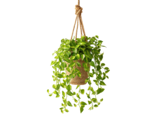 Green trailing plant in woven pot suspended by rope leaves hanging, Isolated, Png Transparent Background