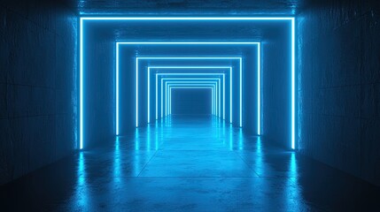 Neon blue light tunnel with rectangular frames.